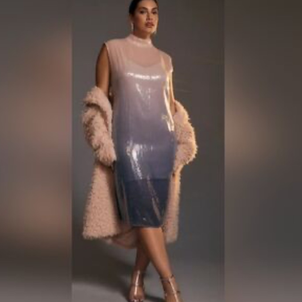 NWT Anthropologie Cap-Sleeve Mock-Neck Sequin Slim Midi Dress with Slip Size 2